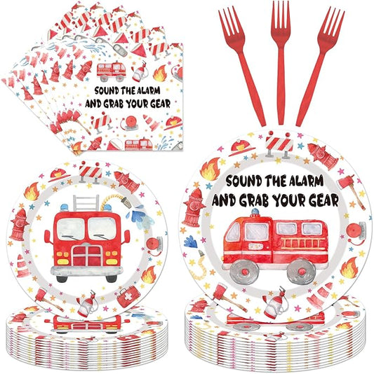 Firetruck Birthday Party Decorations - 96PCS Fire Truck Plates and Napkins Party Supplies Firefighter Birthday Decorations Fireman Themed Disposable Tableware Set Serve 24 Guests