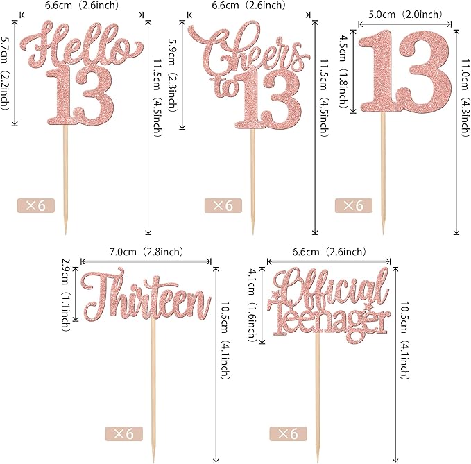 30PCS Happy 13th Birthday Cupcake Toppers Glitter Thirteen Official Teenager Hello 13 Cupcake Picks Cheers to 13 Birthday Decorations for 13th Birthday Anniversary Party Cake Decor Supplies Rose Gold