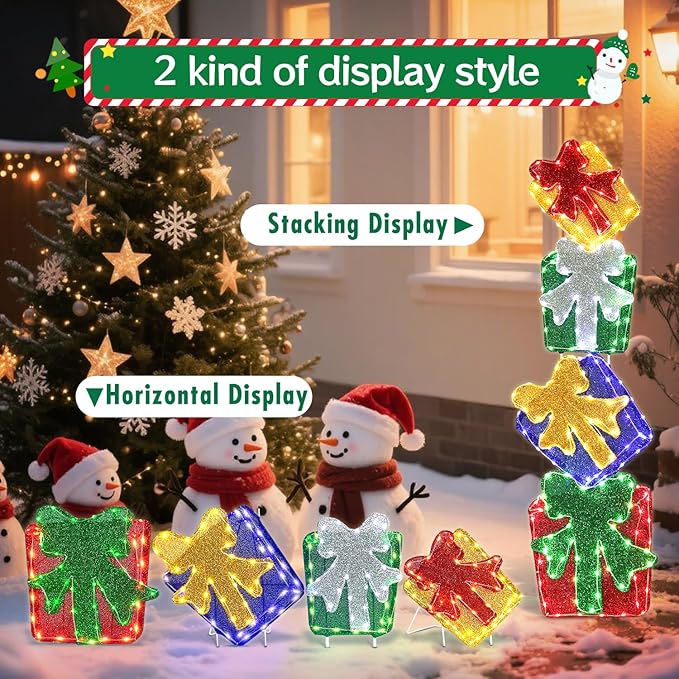 DomKom Set of 4 Flat Stacked Christmas Lighted Gift Boxes 40" Height - 2D Lighted Christmas Boxes with Built-in 200 LEDs & Bows - Indoor/Outdoor Plug-in Holiday Yard Display