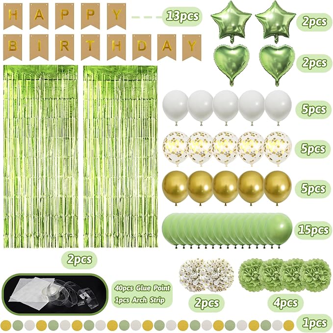 ZERODECO Sage Green Birthday Party Decorations, Olive Green Gold Pompoms Balloons Happy Birthday Banner Neutral Rustic Boho Blush Safari Botanical Greenery Décor for Baby Girls Women Party