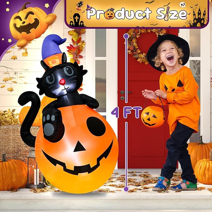 4FT Halloween Black Cat Pumpkin Inflatable Decoration Blow up Decoration with LED Lights Indoor Outdoor Yard Party Holiday Graden Decor