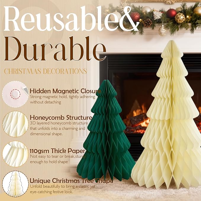 5Pcs Extra Large Christmas Table Decorations Paper Christmas Trees, Light Up Honeycomb Xmas Tree Centerpieces for Tables, Xmas Frozen Winter Wonderland Party Vintage Home Decor, 14/16/24 Inch