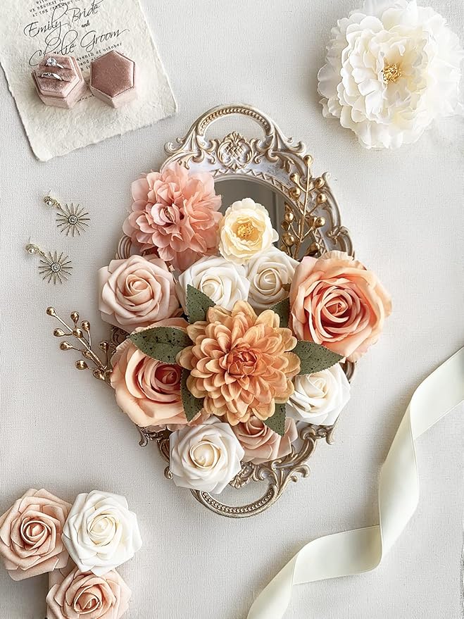 Roses Artificial Flowers Orange Bouquets Box Set Fake Flower with Stems for DIY Bridal Wedding Shower Decorations Faux Silk Floral Arrangements for Party Table Centerpieces Home Decor Indoor