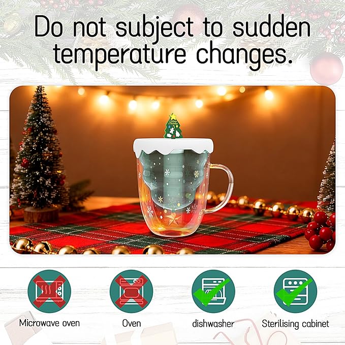 2 Pack of Christmas Mugs with Lid, Double Walled Glass Coffee Mugs, 10 ounces(300ml) Cute Mug is Suitable for Christmas Gifts for Men, Women and Children