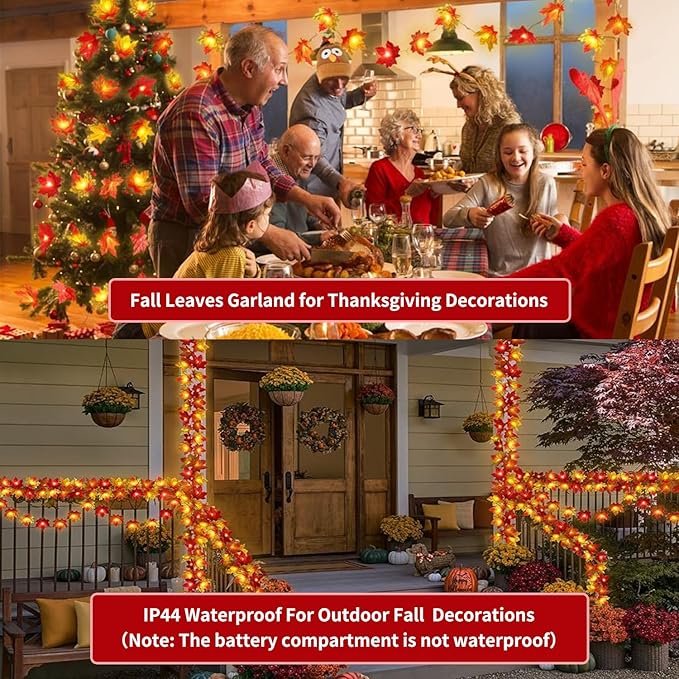Fall Decorations Leaves Garland with Lights,Home Maple Leaf String Lights Multicolored 2 Pack 40FT 80LED Battery Operated with Timer,for Autumn Harvest Table Fireplace Porch Thanksgiving Indoor Decor