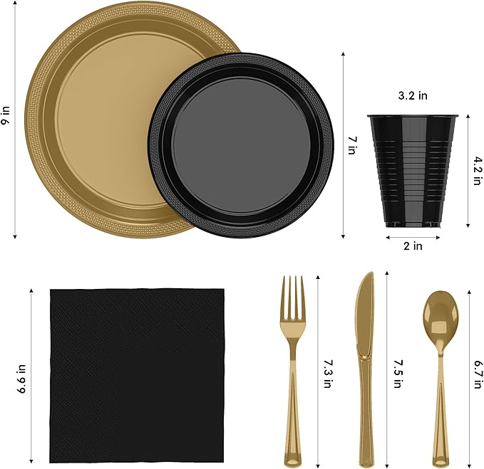 Party Solids 350 Pieces Black & Gold Plastic Plates For Party, Black & Gold Disposable Plates Set, 50 Of Each 9" Dinner Plate Set, 7" Dessert Plate, Cups, Napkins & Cutlery Plastic Dinnerware