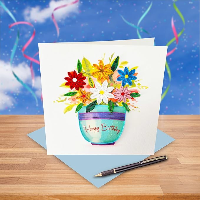 Quilled Birthday Card - Happy Birthday Quilled Daisies Greeting Cards for Women - Blank Inside Quilling Cards for Woman- 6x6 Handmade 3D Paper Art Design with Luxury Blue Envelope (Daisy)