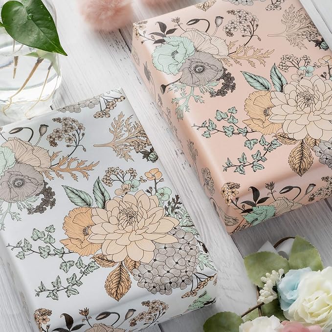 WRAPAHOLIC Floral Wrapping Paper - Mini Roll - 17 Inch X 33 Feet - Pearlized Vintage Floral Wedding Wrapping Paper for Birthday, Bridal Shower, Baby Shower