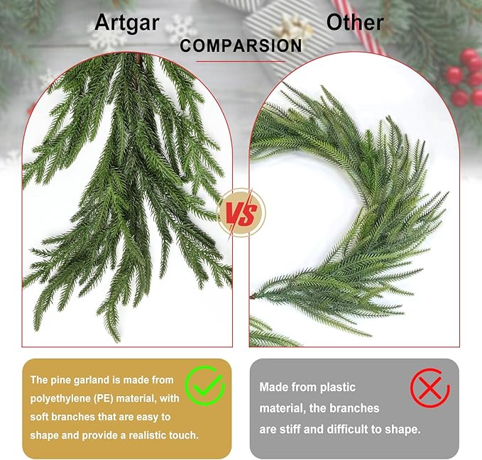 Artgar 5 Ft Pine Garland - Real Touch Pine Garland - Artificial Greenery Christmas Garlands - Green Cedar Garlands for Mantel Staircase Tabletop Home Indoor Outdoor Winter Christmas Decor