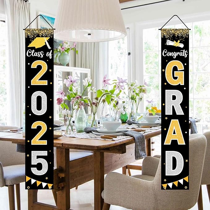 Graduation Decorations 2025 GRAD Banner Black Porch Door Sign Welcome Banner For Indoor Outdoor Wall Graduation Decorations Class of 2025