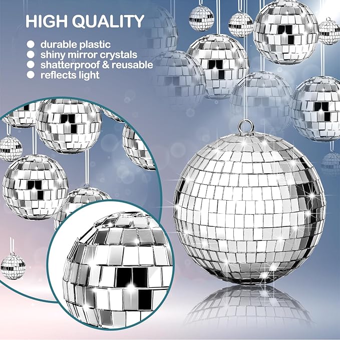 Mtlee 20 Pcs Disco Balls Decoration Mirror Disco Ball for Christmas Tree Flies Assorted Hanging Mini Glass Different Sizes Reflective with Rope for Halloween DIY Wedding Music Prom Props