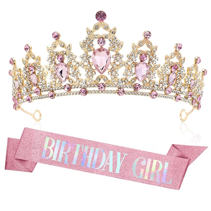 Birthday Crown and Sash Set - Princess Tiara Headband in Pink and Gold for Birthday Girl Party
