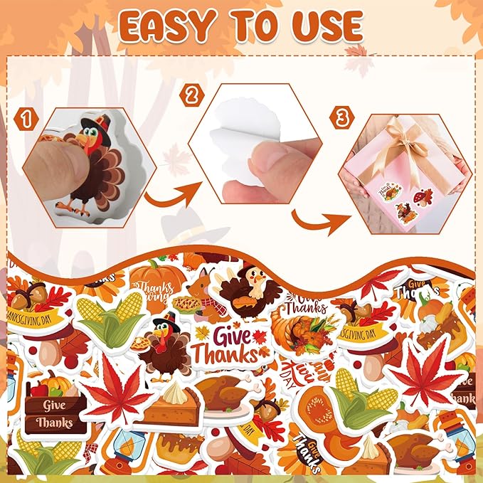 300Pcs Thanksgiving Foam Stickers, Cute Self-Adhesive Autumn Stickers Foam Thanksgiving Turkey Sticker Decorations for Home Office School Classroom DIY Art Craft Party Supplies