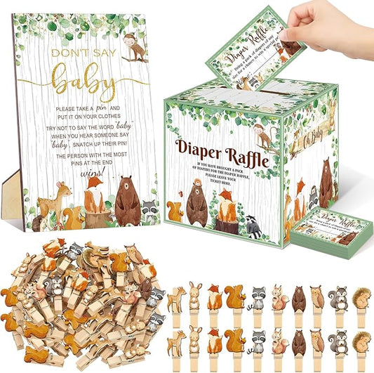 102 Pcs Baby Shower Game Supplies Diaper Raffle Tickets with Diaper Raffle Card Box Don't Say Baby Sign Mini Clothespin Baby Shower Game Decor for Baby Shower Gender Reveal(Animal)