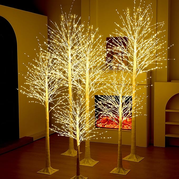 Baquler 6 Pack Lighted Birch Tree - Large Christmas Warm-White LED 8 Mode Light Birch Tree Decoration Set for Thanksgiving Holiday Fall Winter Party Decor, Indoor & Outdoor (4 5 6 7 8 ft)