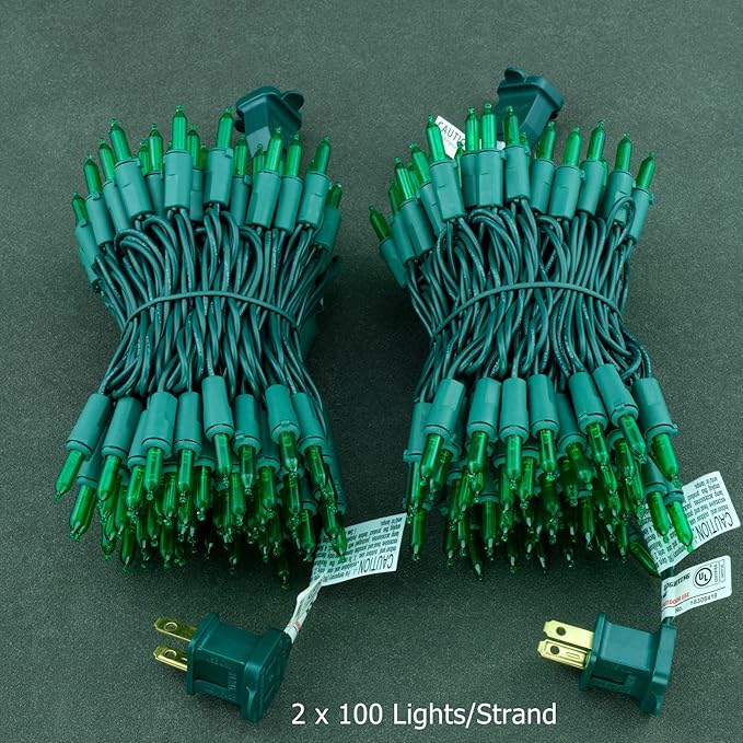 YULETIME Green LED Christmas Lights 200 Count 50 ft, Pack of 2 Strands 25 ft 100 Lights UL Certified String Light Set (Green)