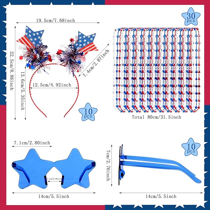 50 Pcs Red and White Holiday Team Spirit Party Accessories Pom Pom Party Headbands Star Shape Sunglasses Bead Necklaces Stuff Favors for Birthday Wedding Supplies( Independence Day)