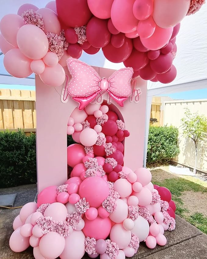 Pink Balloon Arch Kit Double Stuffed Peach Pink Bow Balloon Garland Foil Silver Balloons For Happy Birthday Baby Shower Bridal Shower Wedding Girls Women Theme Tea Party Decor