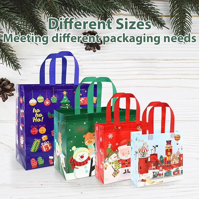 NESCCI 32 Pack Christmas Gift Bags,4 Different Sizes Of Gift Bags,Christma Tote Bags with Handles,Reusable Non-Woven Christmas Bags,Used for Xmas Gifts Packaging, Shopping,Party
