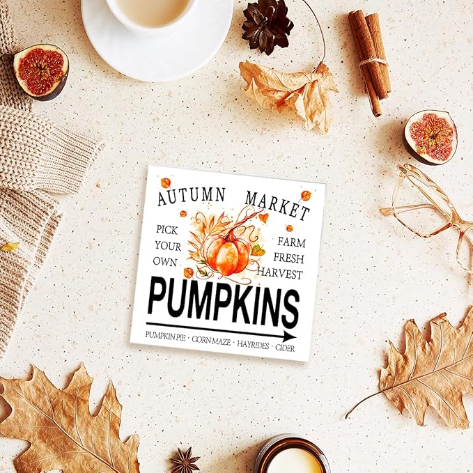 Funny Autumn Wood Box Sign Autumn Market Pumpkins Wooden Block Desk Decor for Home Office Kitchen Cubicle Table Shelf Tabletop,Farmhouse Fall Sign Decor