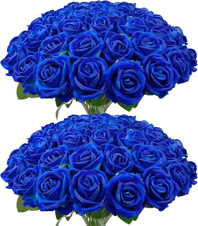 Bulk Artificial Flowers 50 PCS, Fake Velvet Silk Blue Roses with Long Stems Realistic Bouquet for Wedding Centerpieces, Faux Arrangement for Home Table Decor