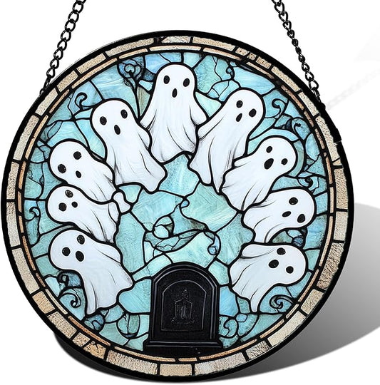 Stained Glass Window Hanging - Halloween Decorations Ghosts Tombstones Suncatcher for Doors Garden Indoor Spooky Funny Sun Catchers Gothic Decor Horror Gifts for Women Men Friend 15 in