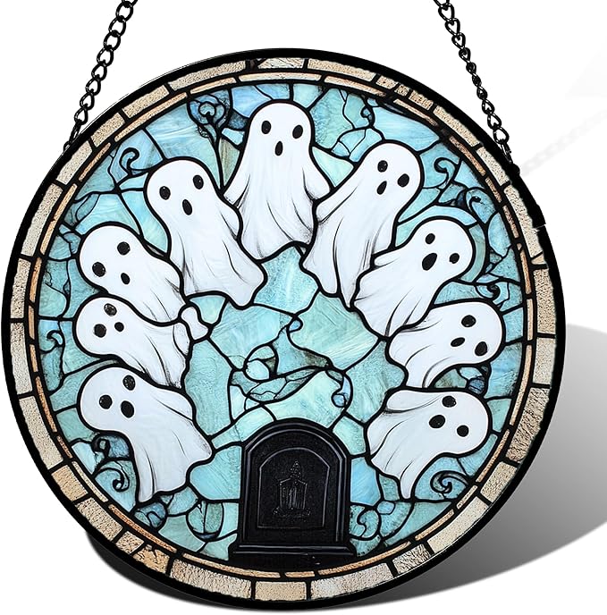 Stained Glass Window Hanging - Halloween Decorations Ghosts Tombstones Suncatcher for Doors Garden Indoor Spooky Funny Sun Catchers Gothic Decor Horror Gifts for Women Men Friend 11.8 in