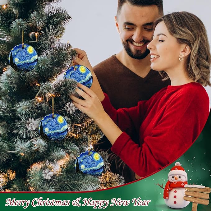 Starry Night Style Christmas Ornaments, Christmas Ornaments Ceramic Art Ornament Starry Night by Van Gogh – Artist Ornaments for Christmas Tree, Elegant Blue Ornaments for Tree, Art Holiday Decor