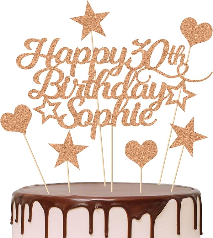 Personalized Happy Birthday Cake Topper Customized with Any Age Name Party Cake Decoration 16 18 21 40 60 Double Sided Glitter Card Rose Gold