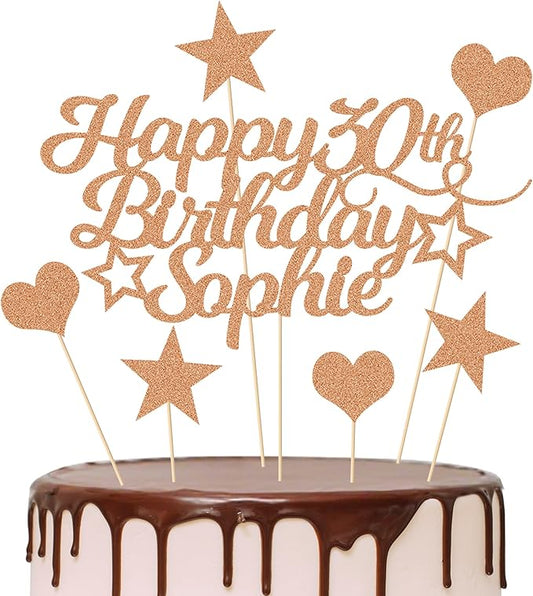 Personalized Happy Birthday Cake Topper Customized with Any Age Name Party Cake Decoration 16 18 21 40 60 Double Sided Glitter Card Rose Gold
