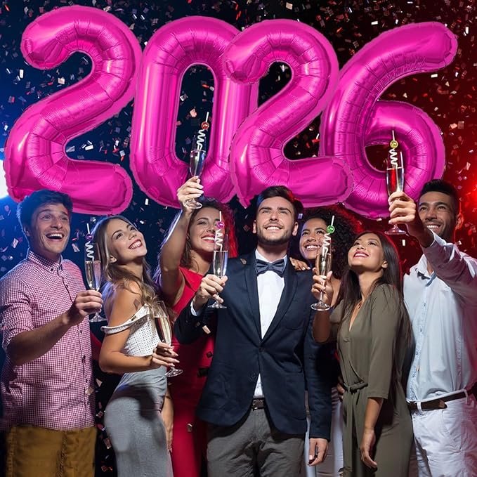 KALOR 42 Inch 2026 Hot Pink Foil Mylar Number Balloons, Giant 2026 New Years Decorations for 2026 Happy New Year Eve and Graduations Party Supplies