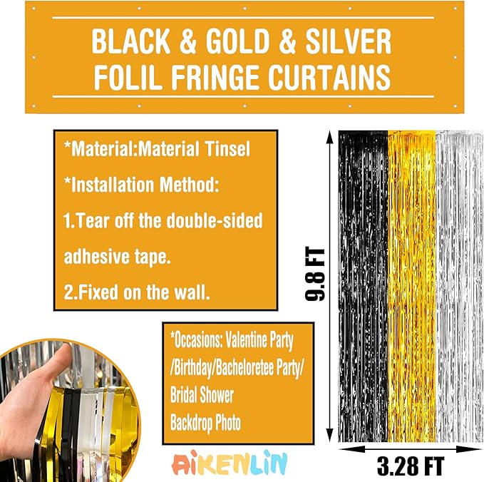 4 Pack 3.2Ft x 9.8Ft Black Gold Silver Foil Fringe Curtain Backdrop, Metallic Tinsel Foil Fringe Streamers for Photo Booth, Wedding, Notorious One Birthday Roaring 20s Graduation Party Decoration