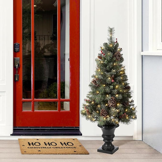 Glitzhome 4ft Christmas Tree,Pre-Lit Artificial Small Christmas Tree for Entrance Flocked Potted Tree with 100 Warm White Lights,224 Pine Needle&PVC Branch Tips,Pinecones&Berries for Porch Xmas Decor