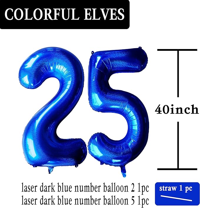 Laser Navy Blue Number 25 Balloons 40 Inch Giant Number Dark Blue 25 Foil Mylar Balloons for 25th Birthday Anniversary Events Party Decorations