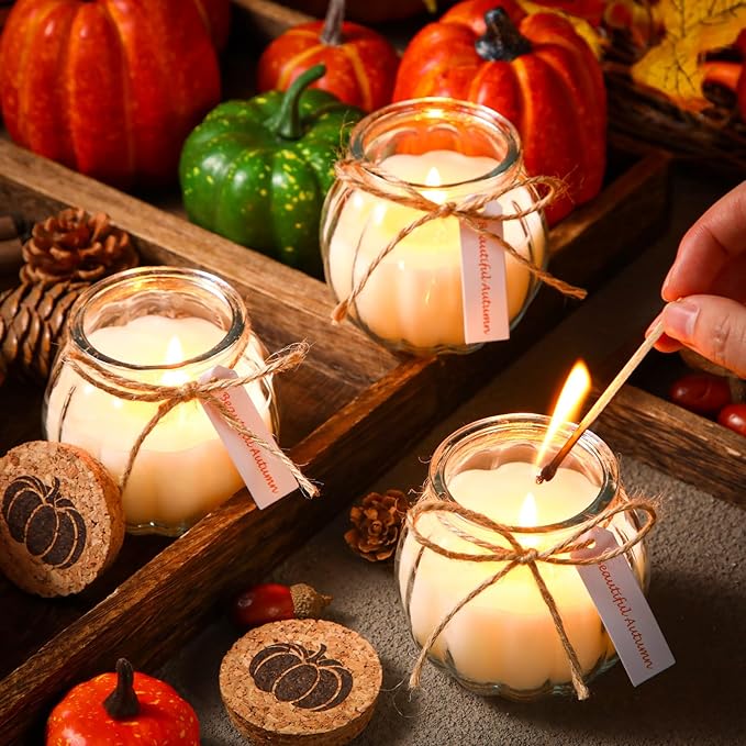 Lounsweer Set 12 Pumpkin Shaped Candles 5 oz Cute Scented Fall Pumpkin Candles Gift Farmhouse Home Table Halloween Decoration(Clear)
