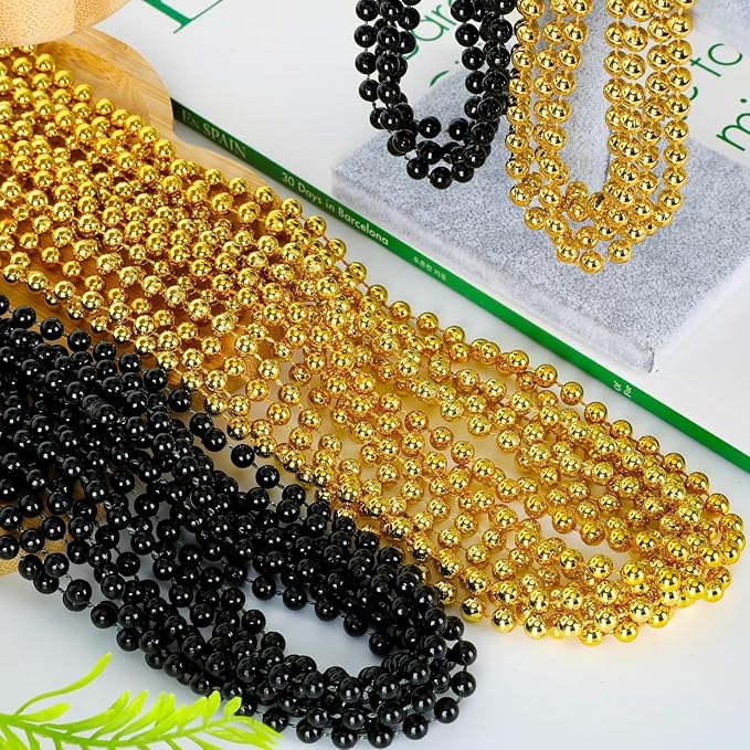 12PCS New Years Eve Bead Necklace, Black Gold Bead Costumes Necklace Party Supplies, 33" New Years Eve Necklaces Accessory Sets, Festival Parade Throw for Mardi Gras Celebrations Decorations