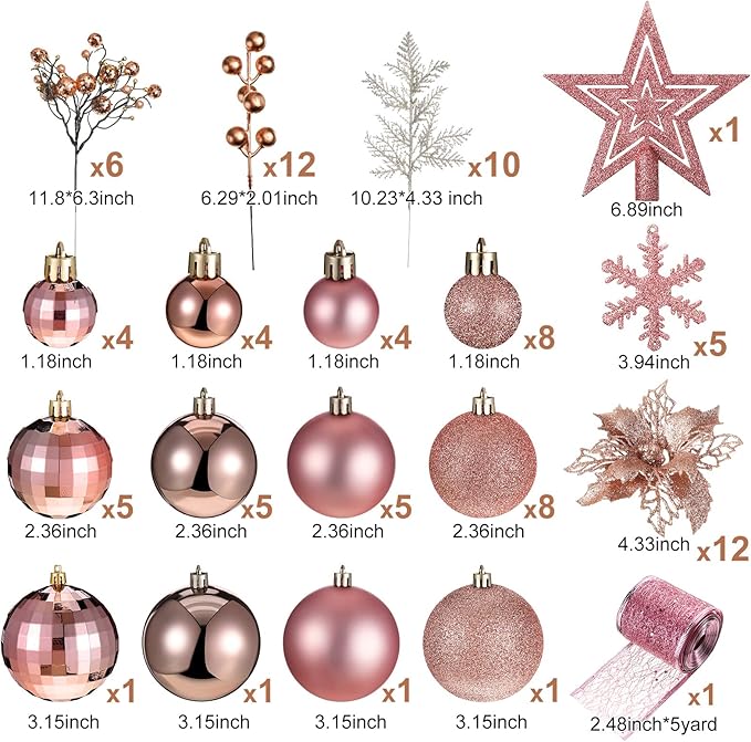 Sratte 94 Pcs Christmas Tree Decorations Set, Christmas Tree Ball Ornaments Glitter Poinsettia Flowers Decorations Glitter Berries Stems for Xmas Holiday Wedding(Rose Gold)