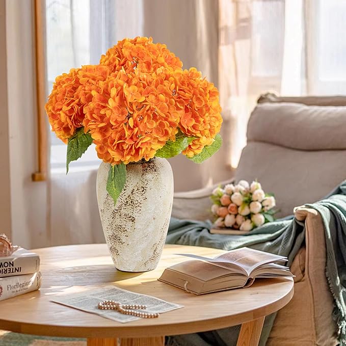 BonBloom's Fall Decor,3 Pcs Orange Hydrangea Artificial Flowers Latex Real Touch Faux Hydrangeas Lifelike Fake Hydrangea Flowers for Wedding Bouquet Party Table Centerpieces Outdoor Home Decor