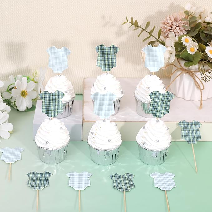 Green Bodysuit Cupcake Topper - Baby Shower Decoration Green Gingham Cake Topper,Baby Shower Bunting (green-topper)