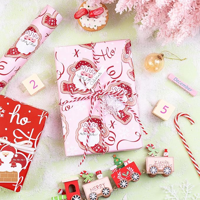 RUSPEPA Reversible Christmas Wrapping Paper Roll, Mini Roll, Adorable Santa Claus, Ribbon Design, Funny Red Ho Ho Ho Gift Wrap Paper Perfect for Girls, Family, Holiday Gifts, 17 Inches x 32.8 Feet