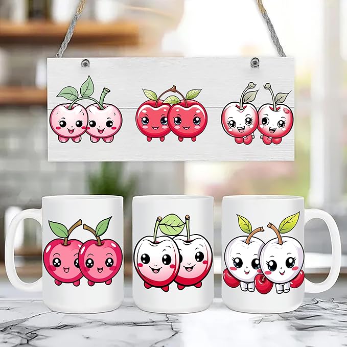 UV DTF Stickers - 12 Sheets Cherry Valentine UV DTF Cup Wrap for Coffee Mugs Glass, DIY Decals for Tumblers, Waterproof Rub on Transfers for Crafts