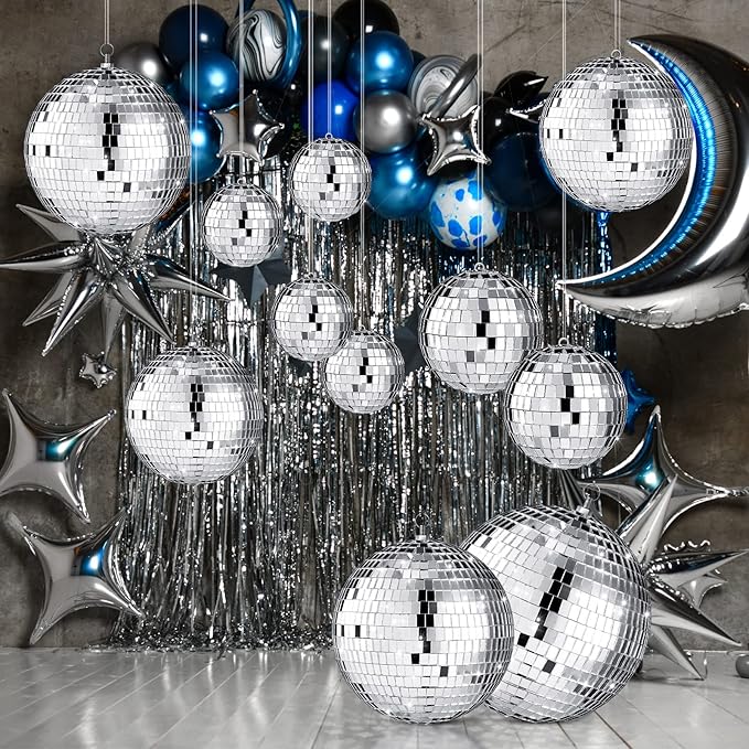 Hoolerry 65 Pcs Disco Balls Ornaments Reflective Hanging Disco Ball Decorations with Hook Assorted Silver Ball for Mardi Gras 70s Disco Themed Wedding Bachelorette Party(8/4/ 3.2/2.4/1.6/0.8 in)
