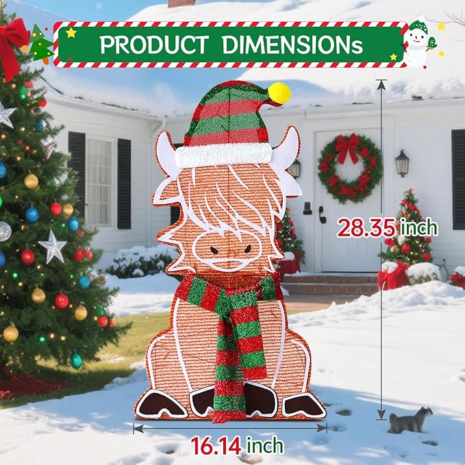 DomKom 28" 2D Flat Lighted Highland Cow Christmas Decor, 2-Piece Pre-Lit LED Scottish Cow with Scarf and Hat Indoor/Outdoor Plug-in Holiday Yard Display