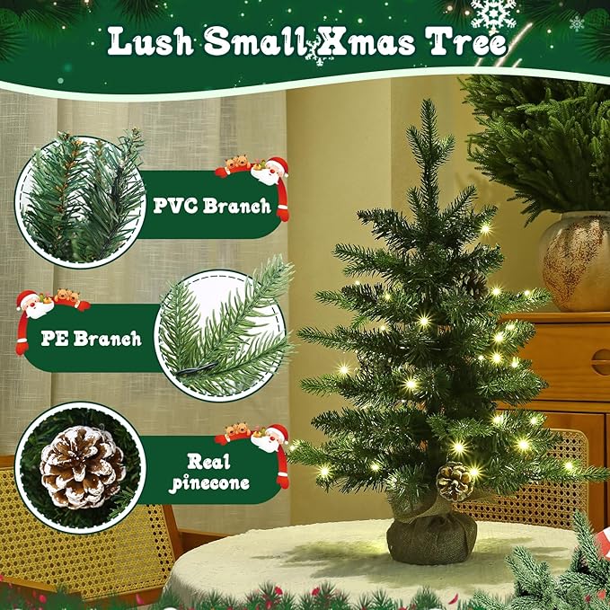 Joyhalo 2ft Small Christmas Tree with Lights Warm White, Pre Lit Table Top Christmas Tree, 61 Branches Mini Xmas Tree with Pine Cones for Room Office Classroom Decoration