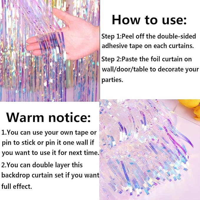 2pcs 3ft x 8.3ft Shiny Corlorful Metallic Tinsel Foil Fringe Curtains Photo Booth Props for Engagement Bridal Shower Bachelorette Baby Shower Bachelorette Holiday Celebration Party Decorations