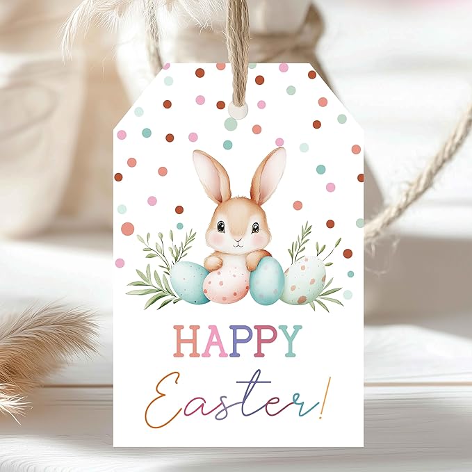 Easter Gift Tags, 50PCS Happy Easter Bunny Tags, Cute Pastel Egg Gift Tags with String, 2.2"x3.3" Paper Tags for Easter Basket, Holiday Party Favors, DIY Gift Wrapping