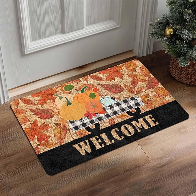 Fall Welcome Maple Leafs Decorative Door Mat, Autumn Thanksgiving Doormat for Indoor Outdoor Entrance Floor Mats,Fall Pumpkins Non Slip Harvest Vintage Decor Rubber Welcome Mats 16" x 24" Inch