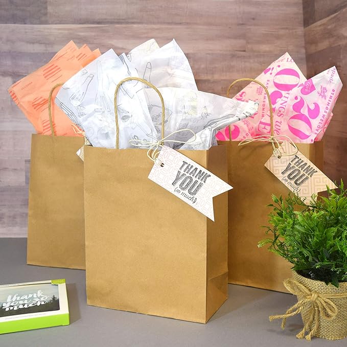 Prime Line Packaging Brown Paper Bags with Handles, Kraft Gift Bags for Small Business, Shopping, Retail Store, Boutique, Merchandise, Bulk, 8x4x10, 100 Pack