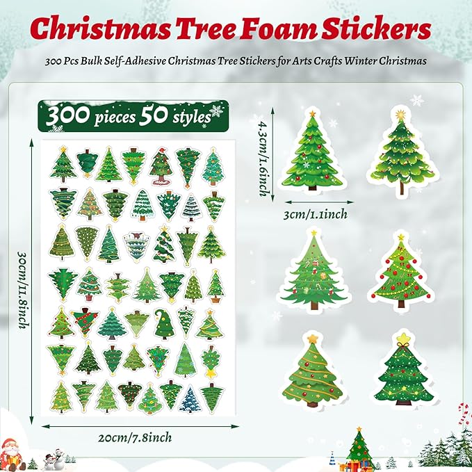 JULBEAR Christmas Tree Foam Stickers, 300 Pcs Bulk Self-Adhesive Christmas Tree Stickers for Arts Crafts Winter Christmas Xmas Tree Theme Party Favors Decoration Envelope Home DIY Supplies