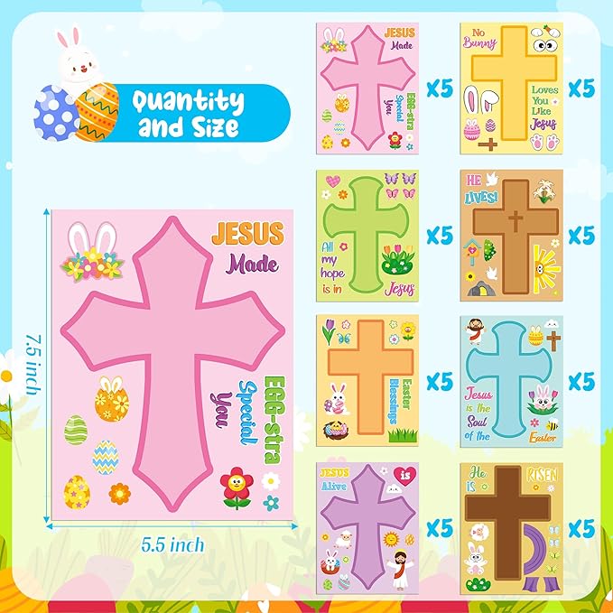 CY2SIDE Easter Cross Face Sticker - 40PCS Make Your Own Jesus He is Risen Cross Sticker Craft Game for Kids Classroom Reward DIY Easter Party Favors for Kids Christian Sunday School Activities